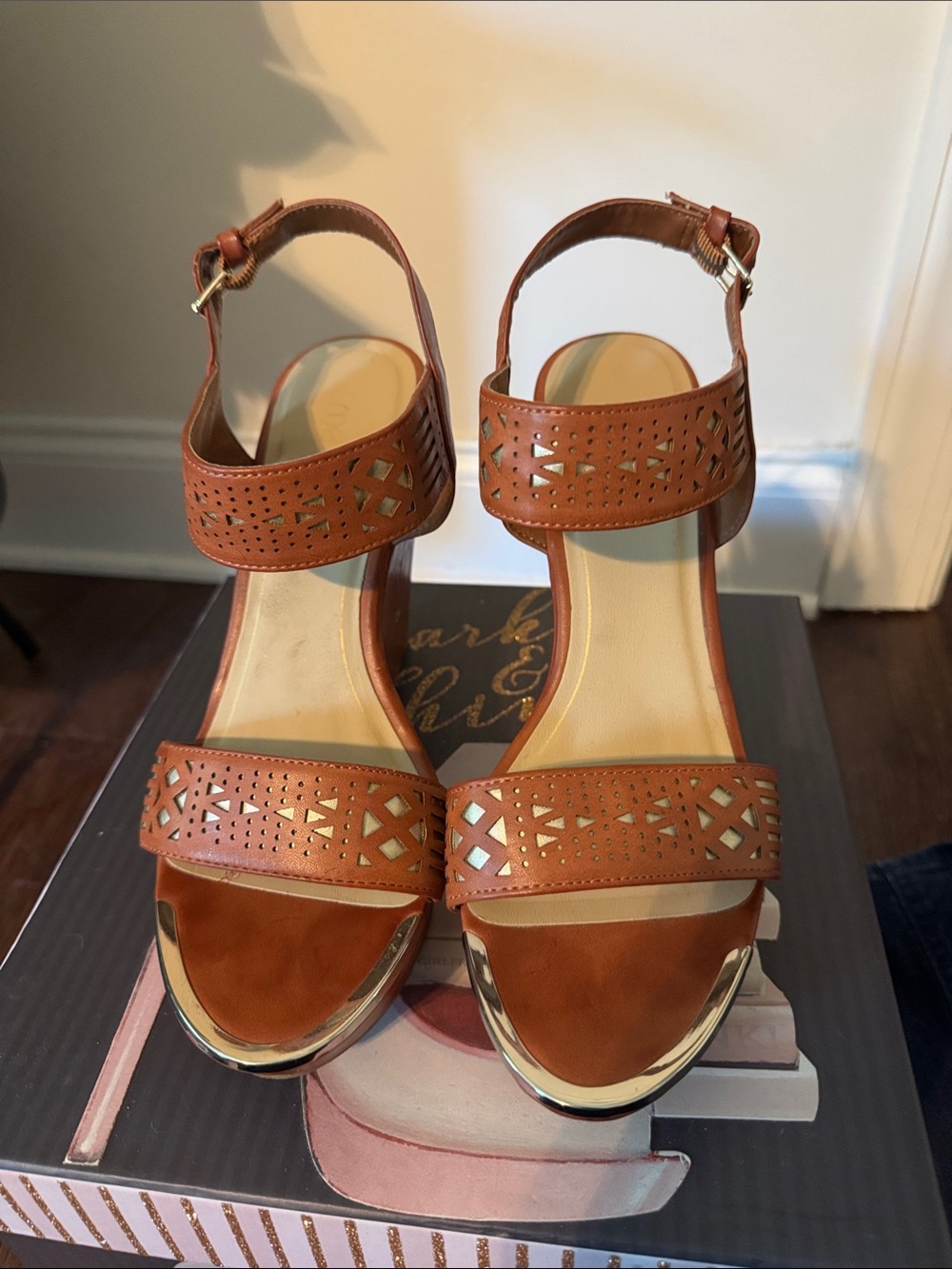 me too Tan Perforated Ankle-Strap Sandals